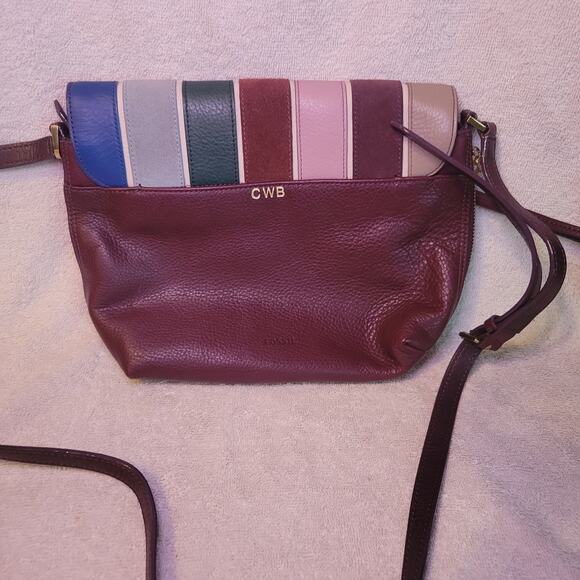 Fossil Small Crossbody Bag Maya Shoulder Purse Purple Multi Stripe Leather - Picture 2 of 12